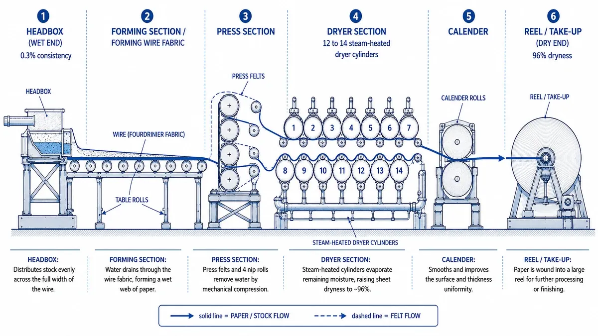 Fourdrinier paper machine schematic side view showing headbox, forming section, press section with 4 nip rolls, dryer cylinders, calender, and take-up reel