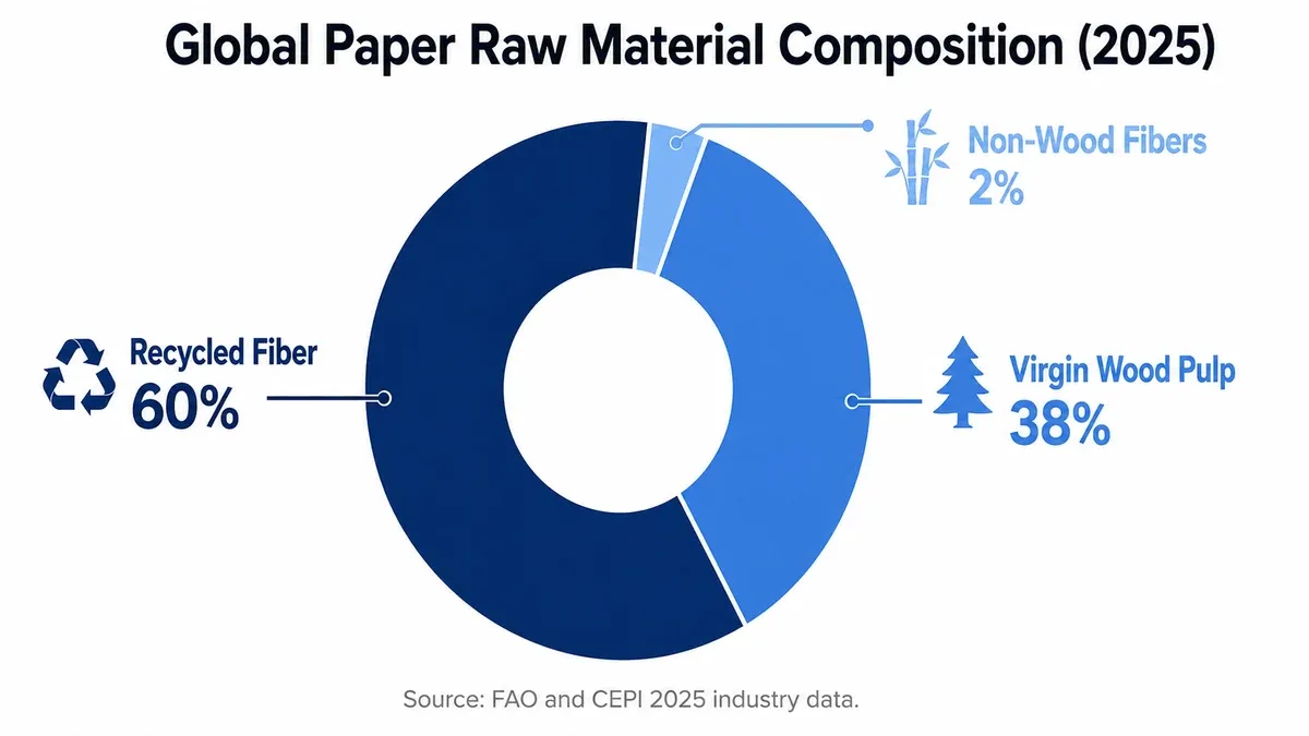 Global paper raw material composition 2025 donut chart: recycled fiber 60 percent, virgin wood pulp 38 percent, non-wood fibers 2 percent per FAO and CEPI