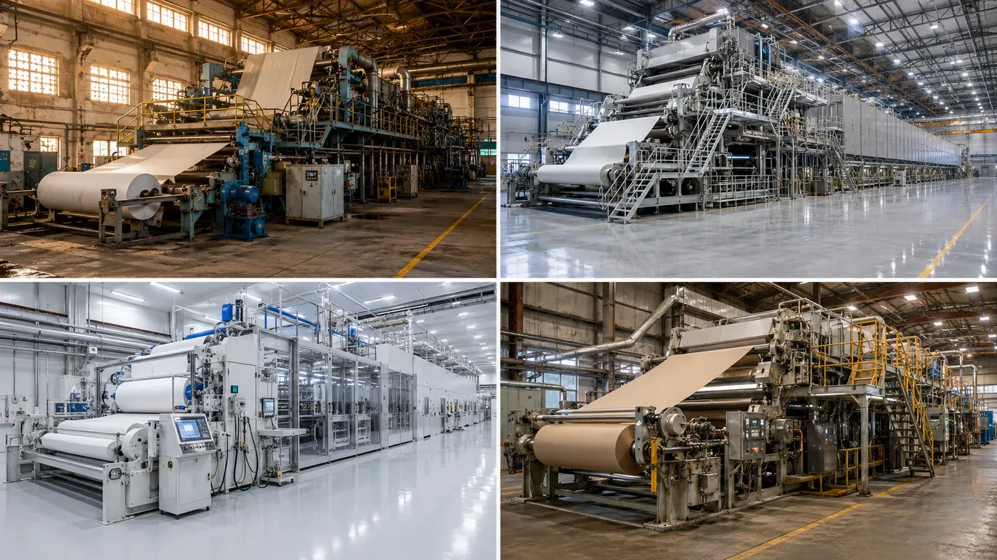 Paper-making machines compared across four manufacturing origins (India, China, Europe, United States) showing different scales and automation levels
