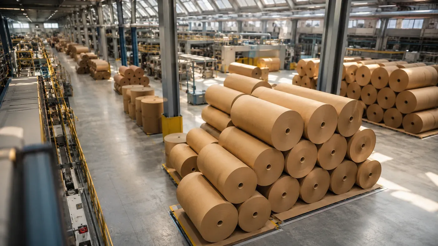 Stacked rolls of finished kraft paper inside a paper mill warehouse representing production output and return on investment from a paper-making machine