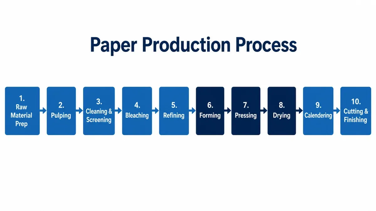 Paper production process flow chart showing 10 industrial steps from raw material preparation to cutting and finishing