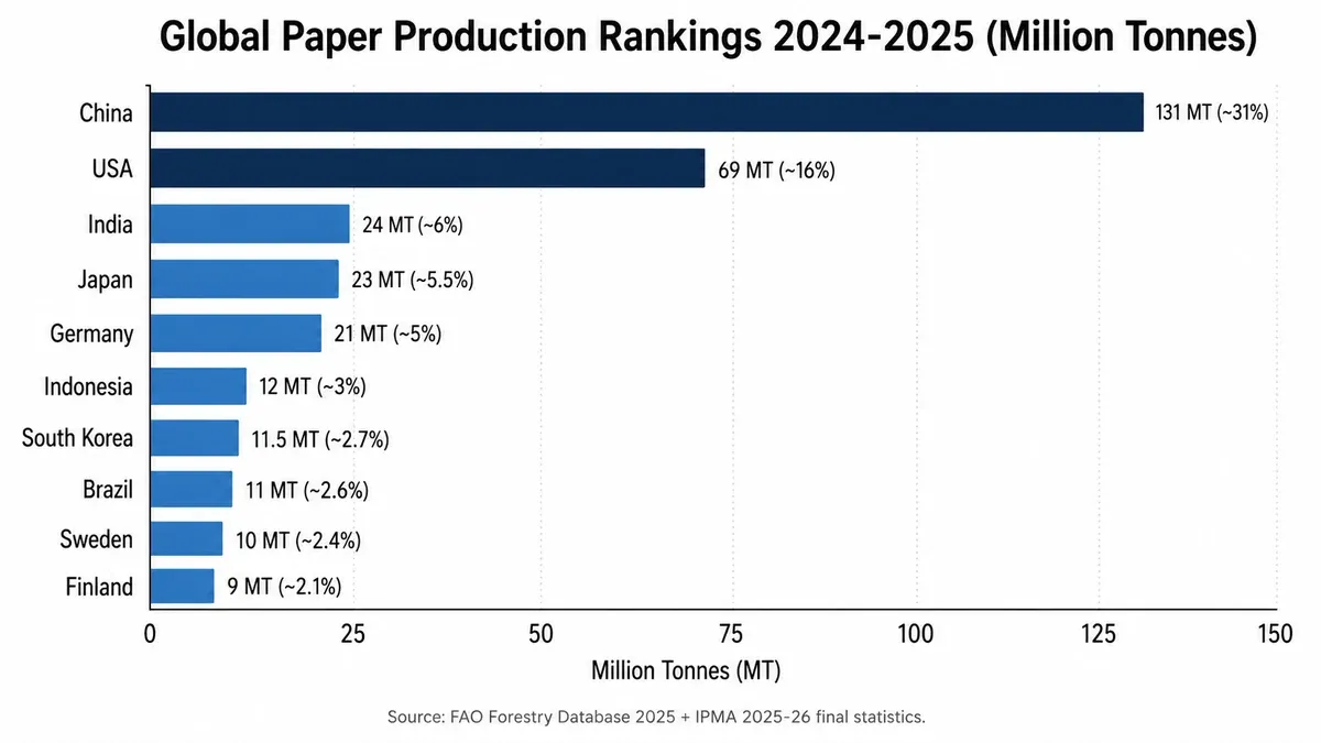 Horizontal bar chart of top 10 paper producing countries 2024-2025 by million tonnes: China 131, USA 69, India 24, Japan 23, Germany 21, Indonesia 12, South Korea 11.5, Brazil 11, Sweden 10, Finland 9 per FAO Forestry Database 2025 and IPMA 2025-26 final statistics