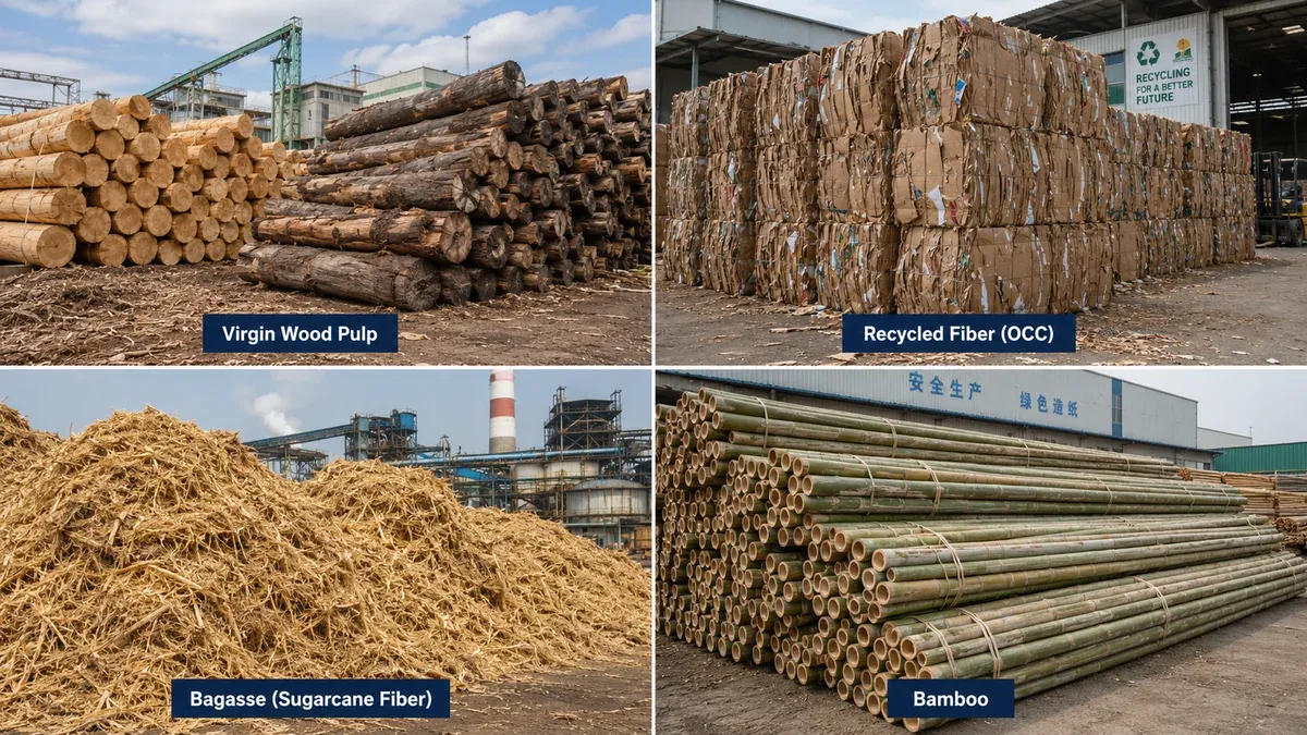 Paper raw materials photo composite: virgin wood logs, recycled OCC corrugated cardboard, bagasse sugarcane fiber, and bamboo culms at industrial pulp mills