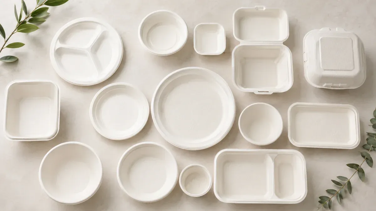 Variety of finished sugarcane bagasse compostable tableware produced on a bagasse plate making machine: plates, bowls, divided trays, clamshell food containers, and food boxes arranged in a flat-lay composition